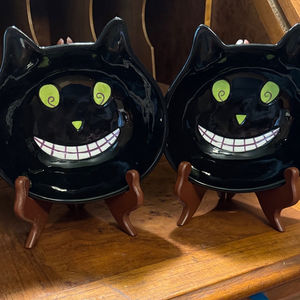 Black‎ Cat Ceramic Bowls with Green Eyes - Set of 2 Cheshire